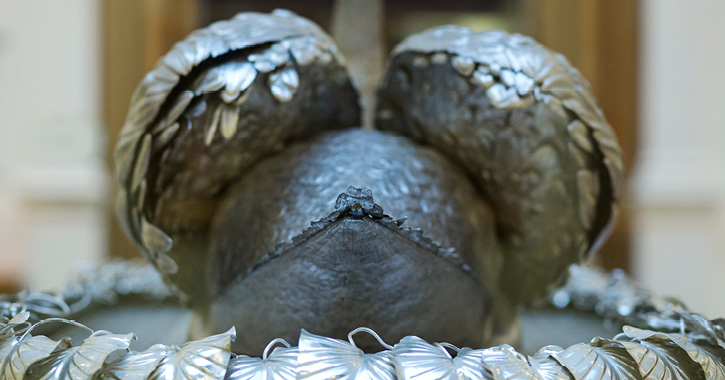 Close up view of the silver swan automaton from behind